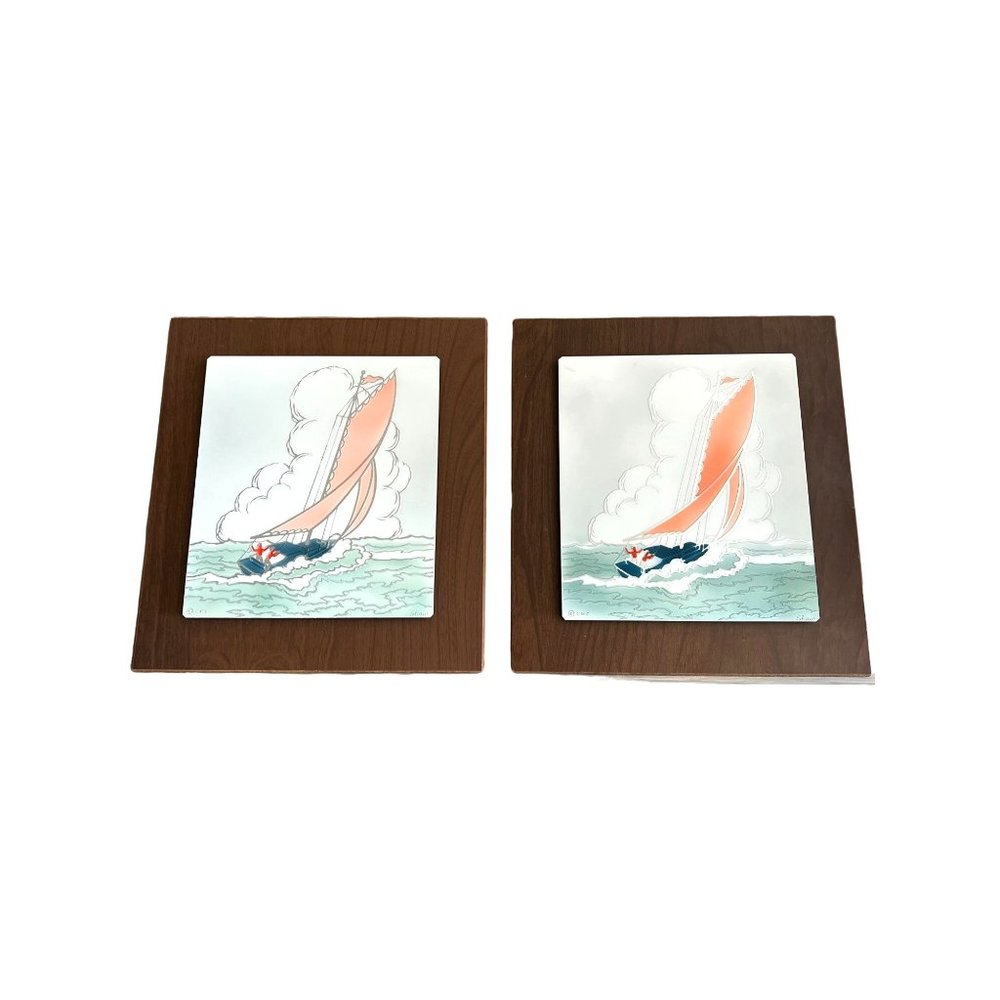 Vintage Sailboat Artwork by Shaw on Metal Tiles and Wood Frames - Set of 2